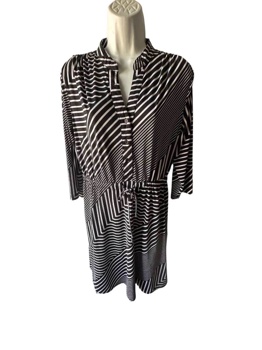 Robert Louis Black & White Geometric Striped Shirt Dress Drawstring Waist Size M